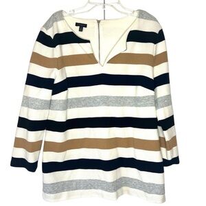 Talbots shirt blouse Striped zipper V-neck Camel navy white women’s  size medium